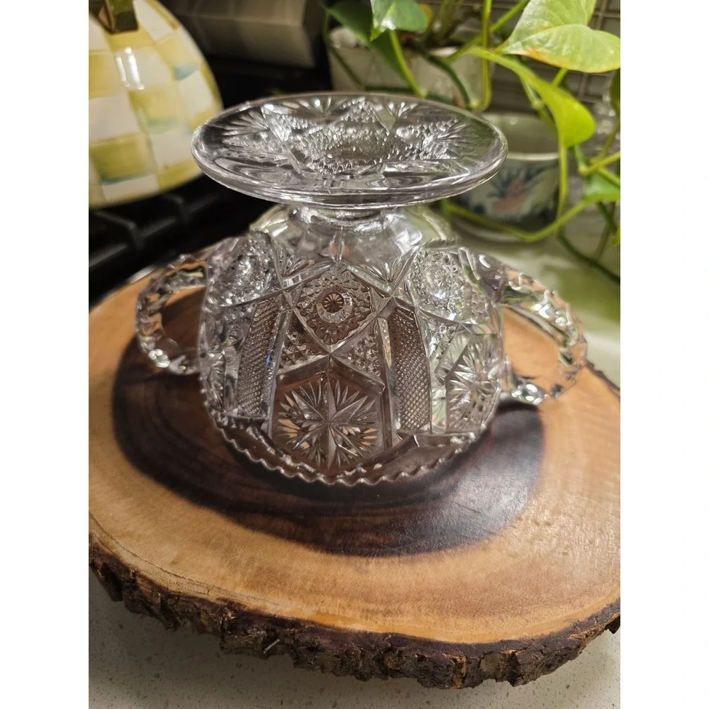 Vintage Pressed Glass‎ Pedestal Candy Dish Bowl Double Handle Cut Star Pattern